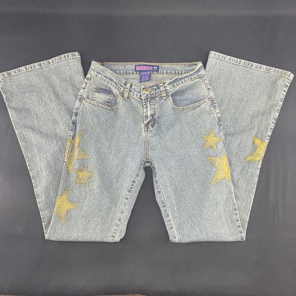 Vtg Y2K Bubblegum Jeans Womens 3/4 Flare Gold Glitter Embroidered Stars Low Rise - Picture 1 of 11